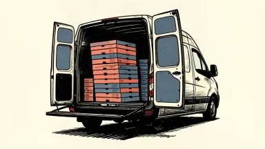 A large delivery van with open doors reveals a stack of pizza boxes inside, illustrating a retail giant moving into food delivery.