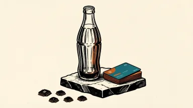Coca-Cola, Visa, and Mastercard hit records as chip stocks slide: a fluted glass bottle and payment cards stand on a high slab while computer chips slide away.