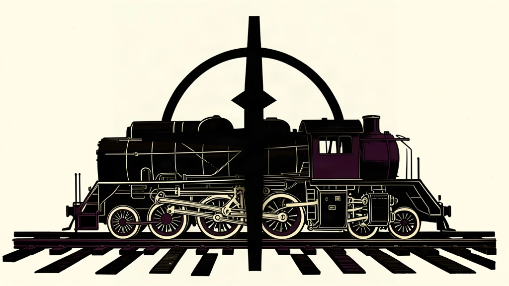 An editorial illustration showing a train on a track with a large, dark targeting reticle shadow cast over it, representing the threat to railway infrastructure.