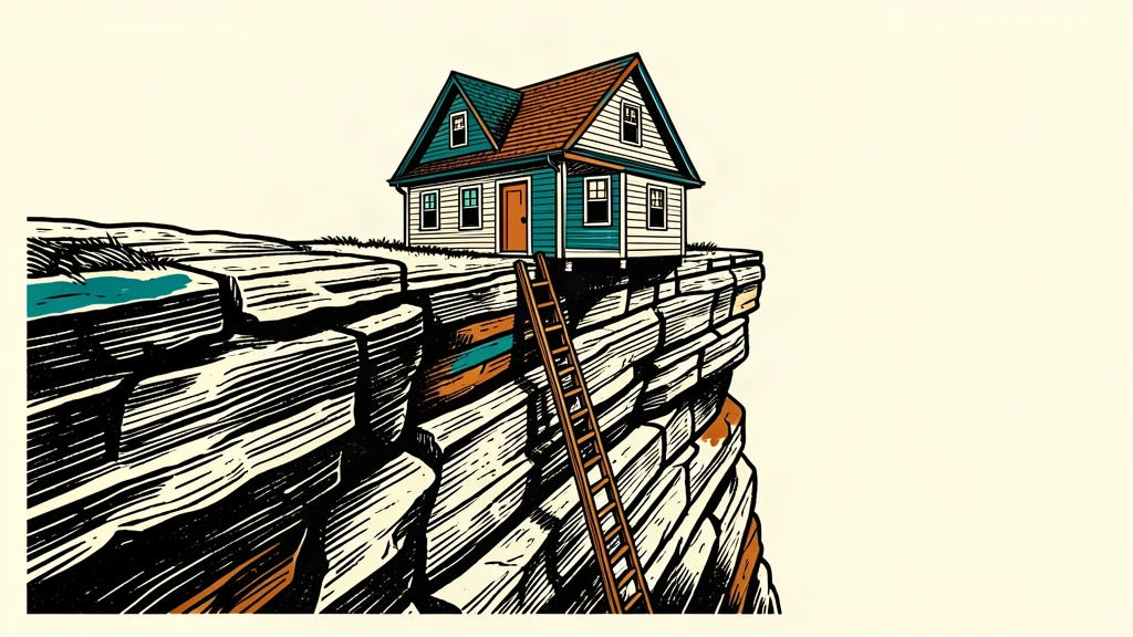 An editorial illustration showing a house perched on a high, inaccessible cliff with a ladder that is too short to reach it, representing housing unaffordability.