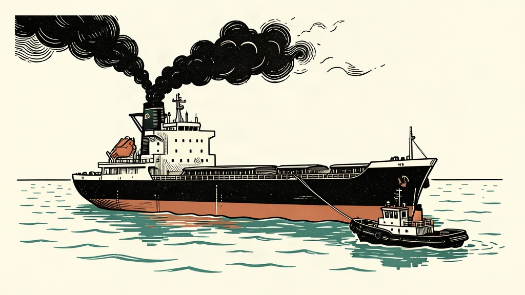 An editorial illustration showing a large oil tanker being towed by a smaller vessel, with smoke rising from its engine room.