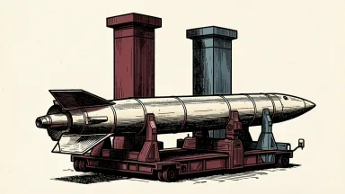 RTX interceptor missile and market pillars: a large missile on a transport cradle in front of two tall pillars representing the Nasdaq and S&P 500.