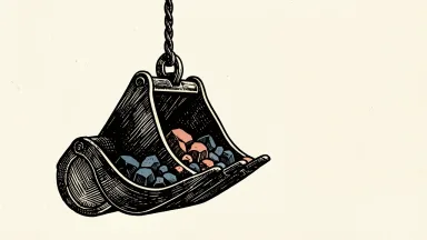 Rio Tinto price target raised by RBC: a heavy mining excavator bucket filled with iron ore is hoisted upward by a thick cable.