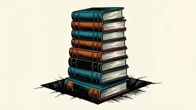 Scholastic's seasonal fiscal first-quarter loss: a tall stack of books with the bottom volume resting in a shallow rectangular depression.