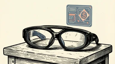 ZenaTech Stacklens AI safety glasses: industrial eyewear on a workbench with a geometric interface tile hovering above the lens.