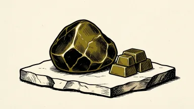Aura Minerals' third-quarter gold output is represented by a large gold nugget with a small stack of gold ingots on a stone slab.