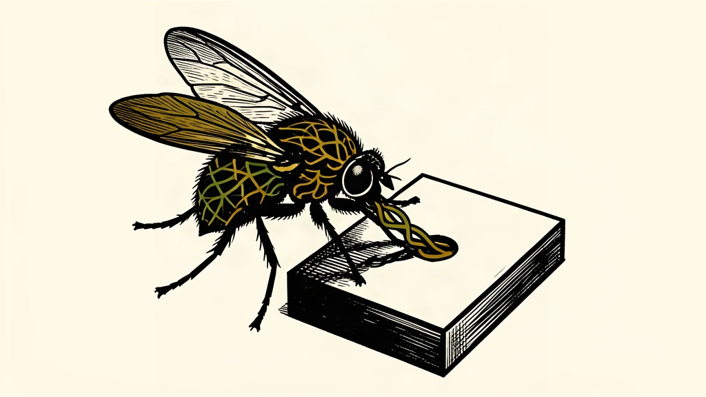 An editorial illustration showing a fly's neural network connected by a cable to a server block.