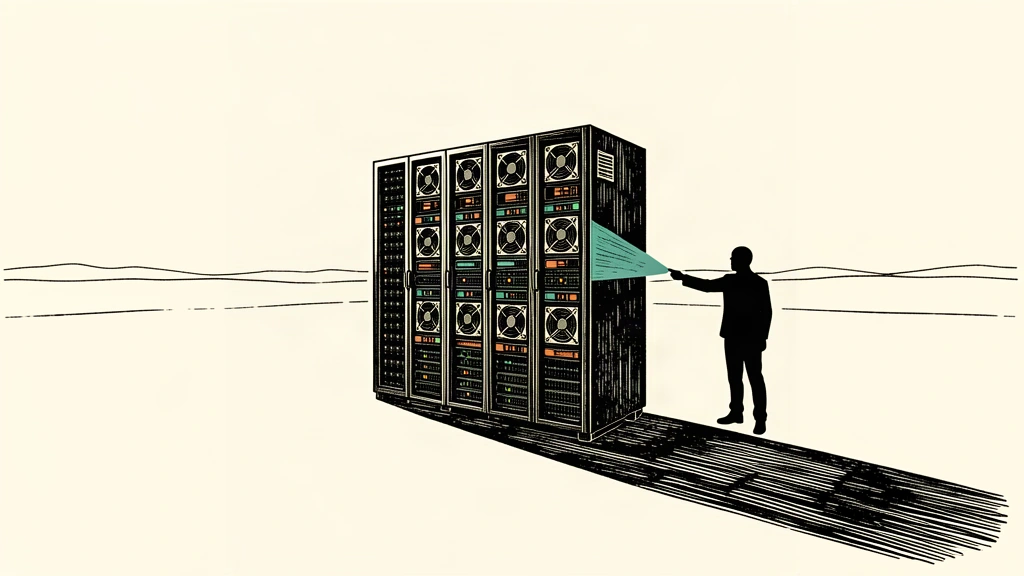 An editorial illustration showing a person pointing a spotlight at a large server rack in an empty field.