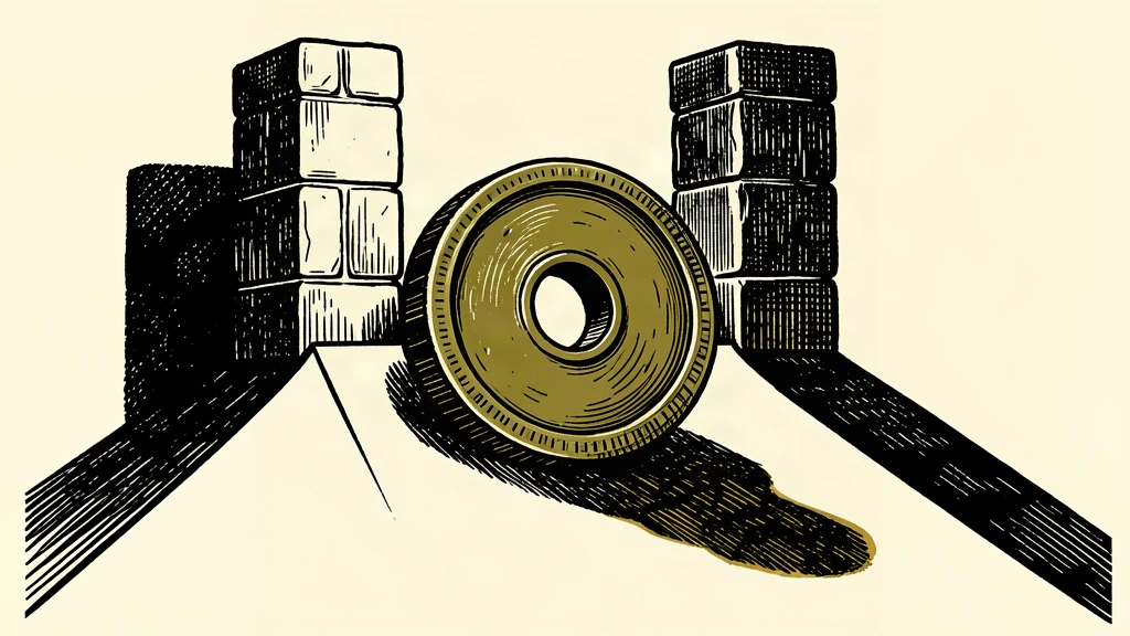 A large coin with a hole in the center rolls up a steep incline toward two massive stone pillars.