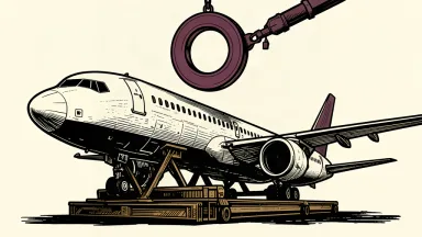 An editorial illustration showing a commercial airplane fuselage on an assembly line with a large certification seal poised to land on it.