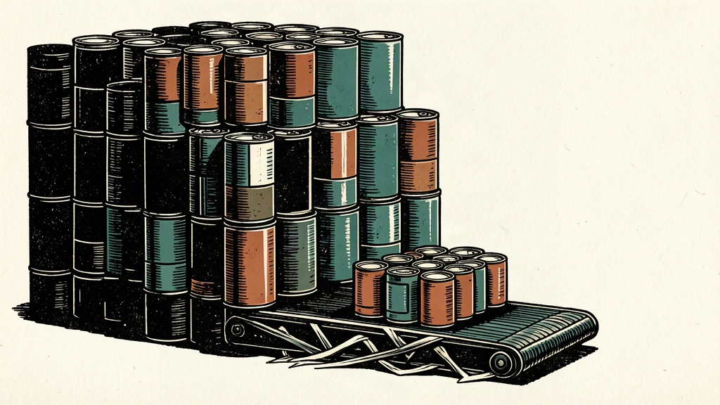 A towering wall of imported canned goods casts a shadow over a smaller, struggling group of domestic cans on a conveyor belt.