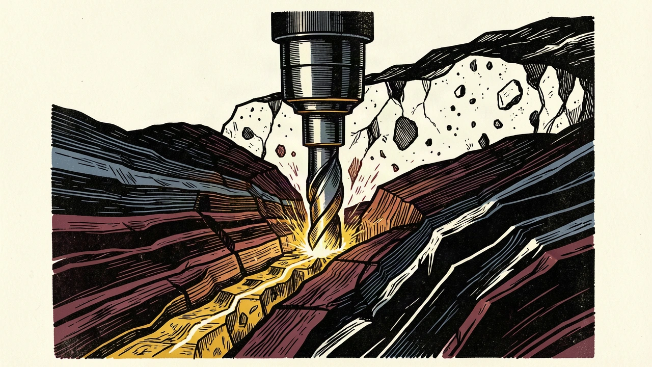 Collective Mining discovers high-grade minerals: a drill bit penetrating layered schist to reveal a glowing vein of gold and tungsten.