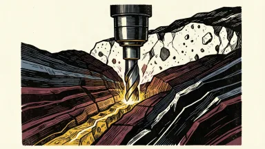 Collective Mining discovers high-grade minerals: a drill bit penetrating layered schist to reveal a glowing vein of gold and tungsten.