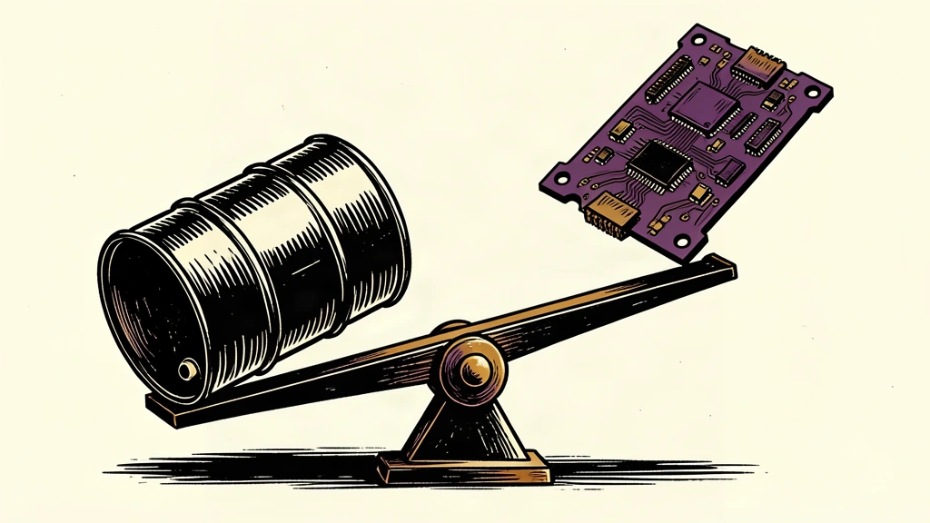An editorial illustration showing a heavy oil barrel weighing down one side of a scale, causing a circuit board on the other side to rise sharply.