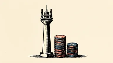 Chunghwa Telecom revenue increase shown by a telecom tower beside taller coin stacks.