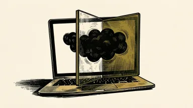 Apple Mac privacy protections: a laptop screen protected by a thick glass barrier from an encroaching shadowy cloud.