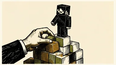 Roblox stock facing a downgrade: a blocky avatar stands on a stack of cubes as a large hand pulls a foundational block away.