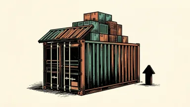 US export prices rise: a shipping container with goods spilling upward, beside an arrow pointing up.