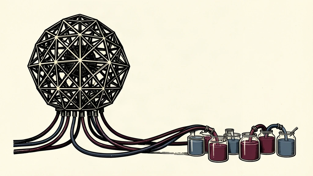 An editorial illustration showing a large complex structure being drained by tubes into smaller identical vessels, representing industrial-scale AI distillation.