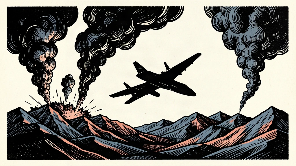 An editorial illustration showing a military jet banking away from several dark smoke plumes rising from a mountainous landscape.