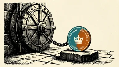 DeFi Development Corp. authorizes CHAD repurchases: a single coin with a crown icon sits on a pedestal, connected to a vault by a slack chain.