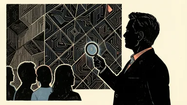FICO study on AI transparency: a tech leader silhouette uses a magnifying glass to inspect a massive, complex wall of interlocking geometric tiles.