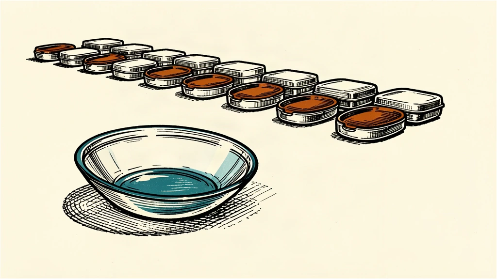 A large contact lens sits in the foreground with a gap in the row of lens cases behind it, representing inventory reduction.