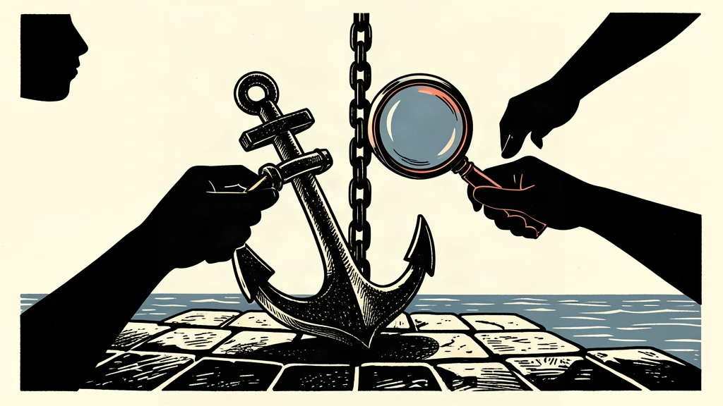 An editorial illustration showing a heavy anchor on a seabed being inspected through a magnifying glass to represent the Bank of Japan's assessment of price stability.