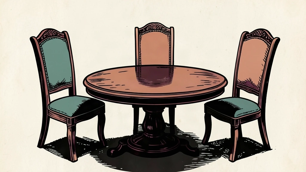 A linocut illustration of three empty chairs positioned around a round table in a triangular arrangement.