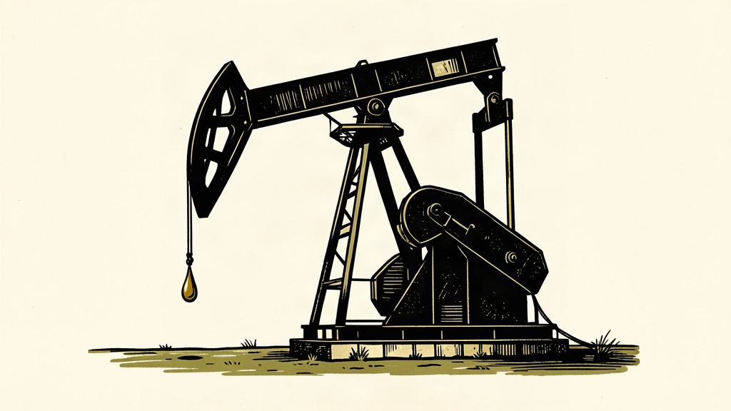 A large oil pumpjack tilted downward with a single drop of oil on its rod, emphasizing a significant drop in production.