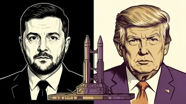 Volodymyr Zelenskyy and Donald Trump face each other across an empty Patriot missile launcher, representing tensions over military aid and concessions. Identity photo references adapted into illustration: President Of Ukraine from Україна (CC0; http://creativecommons.org/publicdomain/zero/1.0/deed.en); source https://commons.wikimedia.org/wiki/File:2025_Volodymyr_Zelenskyy_(cropped).jpg | Daniel Torok (Public domain; https://commons.wikimedia.org/wiki/File:Official_Presidential_Portrait_of_President_Donald_J._Trump_(2025).jpg); source https://commons.wikimedia.org/wiki/File:Official_Presidential_Portrait_of_President_Donald_J._Trump_(2025).jpg