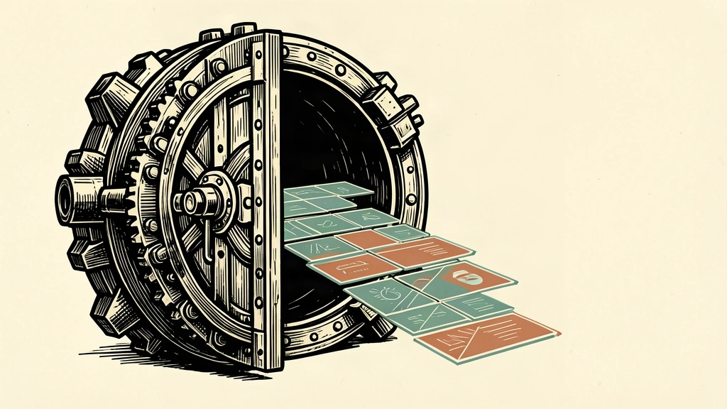 An editorial illustration of a heavy vault door opening to receive a stream of geometric office tiles, symbolizing a company going private.