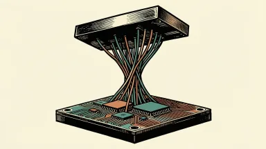 Marvell Technology revenue targets: a large semiconductor chip with a massive bundle of interconnect cables lifting a heavy slab to represent growth targets.