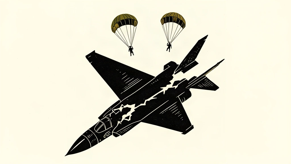 An editorial illustration of a twin-tail fighter jet falling after a rupture, with two small parachutes visible high above in the negative space.