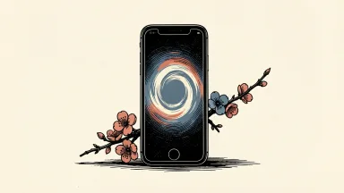 Apple Intelligence launching in China: a smartphone screen glows with a circular light pulse beside a plum blossom branch.