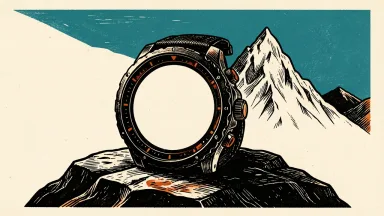 Garmin MARQ luxury tool watch: a rugged digital watch with a blank screen resting on a dark rock before a stylized mountain peak.