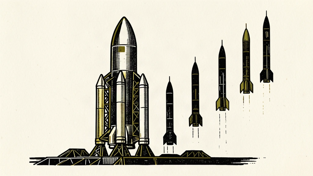 A heavy-lift rocket stands on a pad with six additional rocket silhouettes lined up behind it to represent the new order.