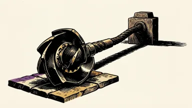 Greenland Mines evaluating strategic partnerships: a heavy industrial drill bit connected by a thick cable to a distant anchor point.