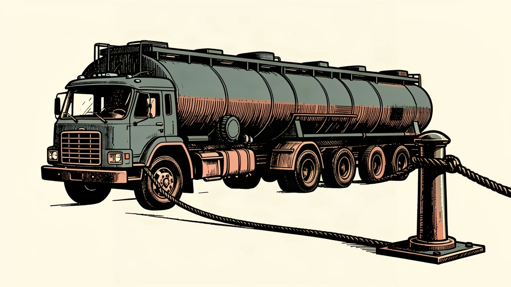 An editorial illustration of an oil tanker truck held in place by a heavy cable, representing the tension of potential export bans.
