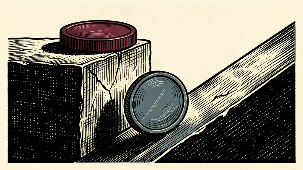 An editorial illustration showing one coin stable on a high ledge while another coin slides down a steep incline.
