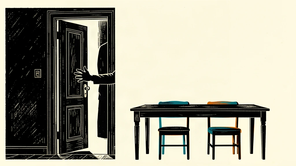 An editorial illustration showing a hand in silhouette closing a heavy door on an empty meeting room with two chairs.