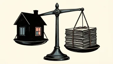 Better Home & Finance facing a securities class action: a house silhouette on a balance scale outweighed by a heavy stack of legal documents.