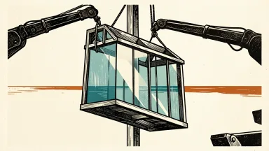Apogee Enterprises earnings: architectural glass being fitted into a building frame by mechanical arms.