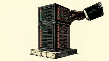 A hand stacks a second server rack on top of an existing one to show increased capacity and a positive rating upgrade.