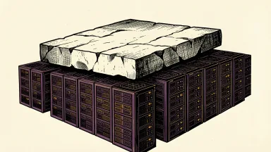 Anthropic's reported valuation: a massive stone slab supported by a dense foundation of server racks.