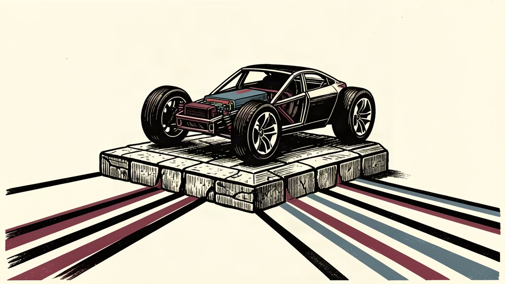 An electric vehicle chassis on a stone base with five lines extending forward to represent a five-year strategy.