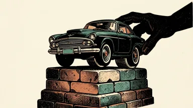 Mattel shares viewed as undervalued: a large toy car is held down by a heavy stone pedestal made of interlocking blocks.