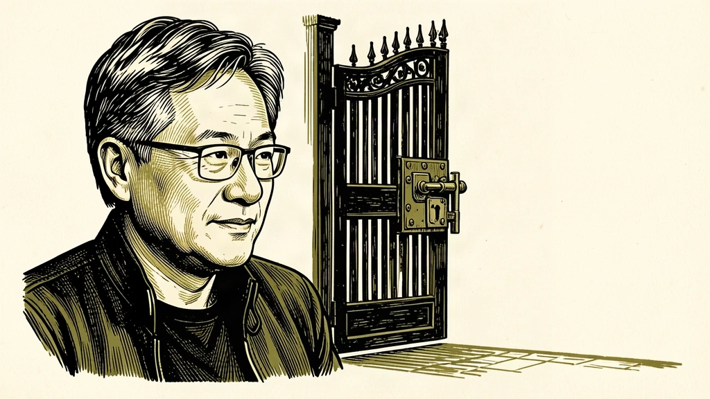 A portrait of Jensen Huang next to a wide-open gate, symbolizing his stance against new AI safety regulations. Identity photo references adapted into illustration: Photographer: Peter Dasilva (CC BY 4.0; https://creativecommons.org/licenses/by/4.0); source https://commons.wikimedia.org/wiki/File:Jensen_Huang_(cropped)_(2024).jpg