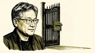 A portrait of Jensen Huang next to a wide-open gate, symbolizing his stance against new AI safety regulations. Identity photo references adapted into illustration: Photographer: Peter Dasilva (CC BY 4.0; https://creativecommons.org/licenses/by/4.0); source https://commons.wikimedia.org/wiki/File:Jensen_Huang_(cropped)_(2024).jpg