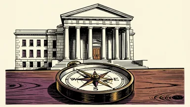 The Federal Reserve and market uncertainty: a spinning compass needle in front of a closed Fed building.